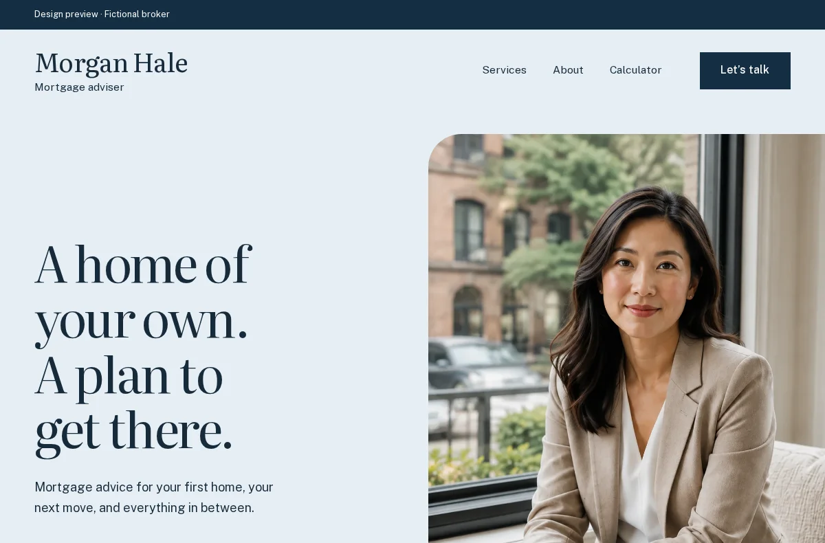 Morgan Hale website: personal mortgage advice in a calm blue and navy design
