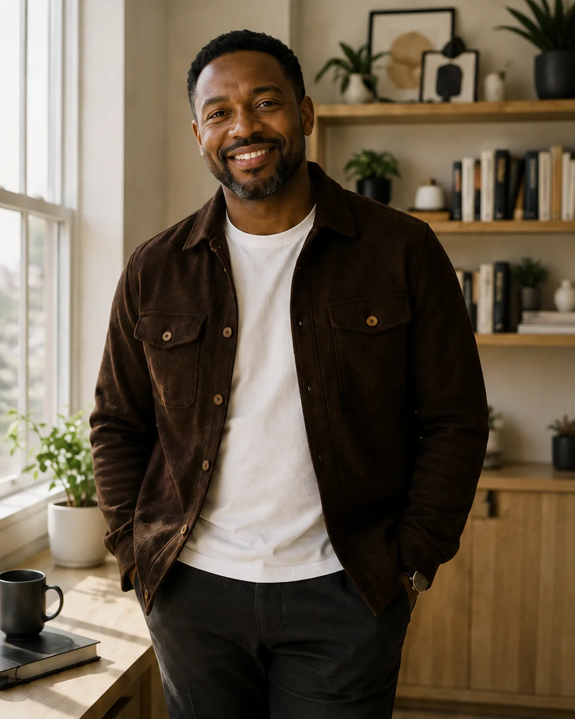 Sam Okonkwo in a bright home office