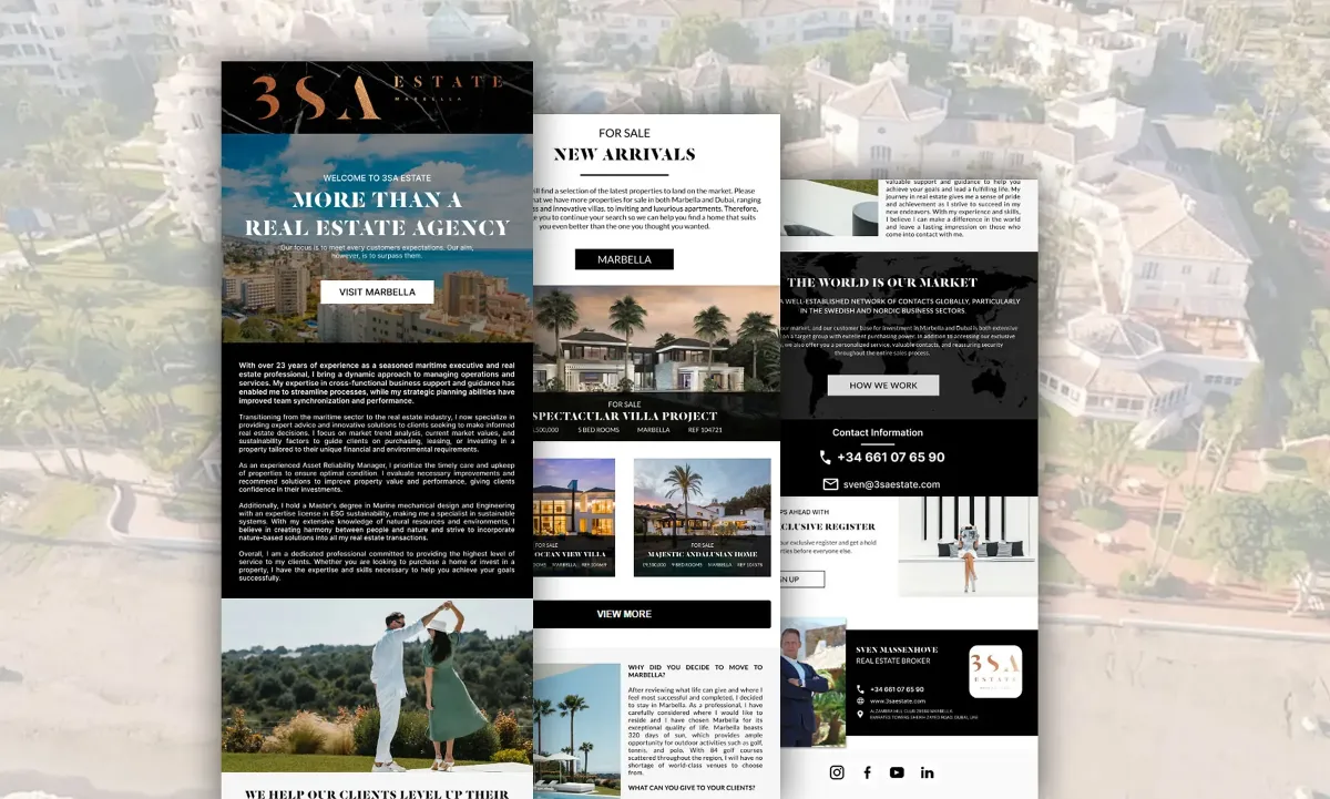A dark blue real estate newsletter with property listings and coastal market content.
