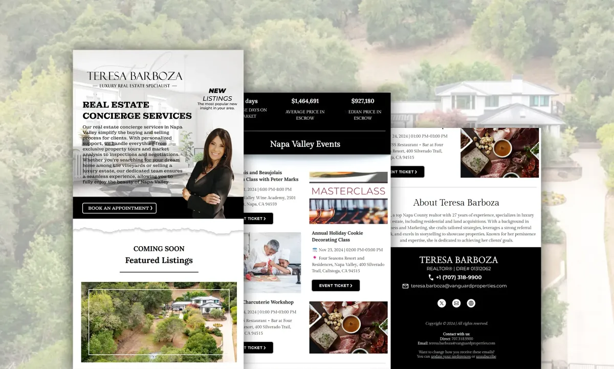 A black, white, and gold real estate newsletter with agent branding, listings, and local events.