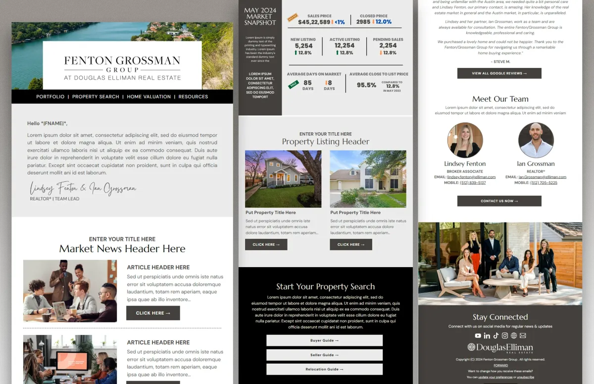 A cream, charcoal, and green real estate newsletter with market statistics, listings, testimonials, and agent profiles.