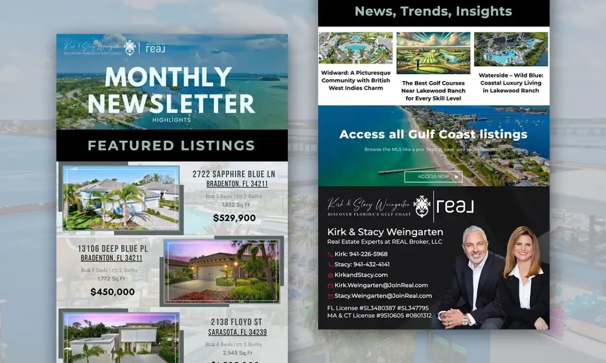 A bright blue and black real estate newsletter with listings and community content.